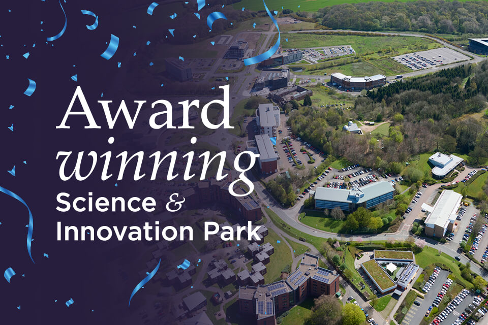 Aerial photograph of Keele's Science and Innovation Park.  Text reads: Award-winning Science and Innovation Park